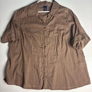 Basic Editions Women's 2X Shirt Brown Checkered Button Up Roll Sleeve Cotton